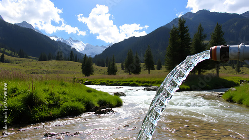 Pure water flows from a pipe into a pristine mountain stream.  The clear water merges with the rushing river against a backdrop of majestic snow-capped mountains and a vibrant green meadow under a bri photo