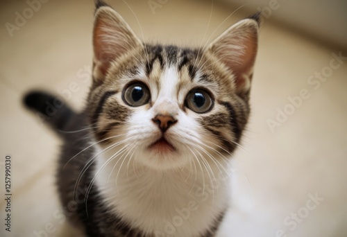 Adorable Wide-Eyed Kitten Looking Up with a Curious Expression