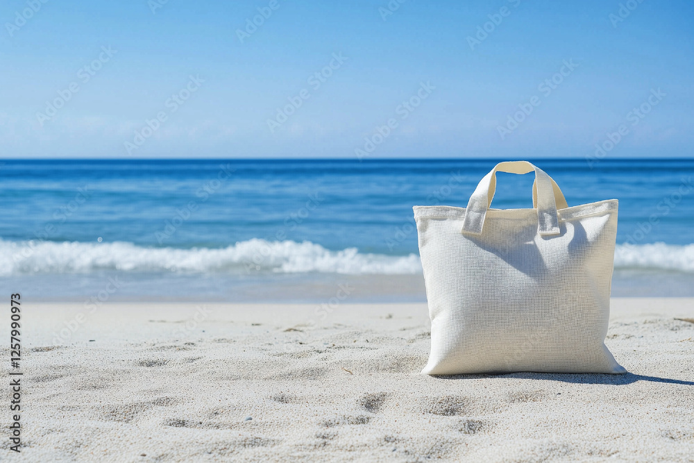 White beach bag on sandy shore with ocean waves under clear blue sky White beach bag on sandy shore with ocean waves under clear blue sky