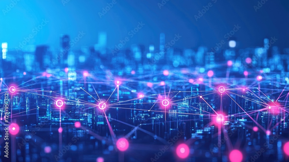 Obraz premium Cyberpunk-inspired AI-powered cityscape with holographic interfaces.