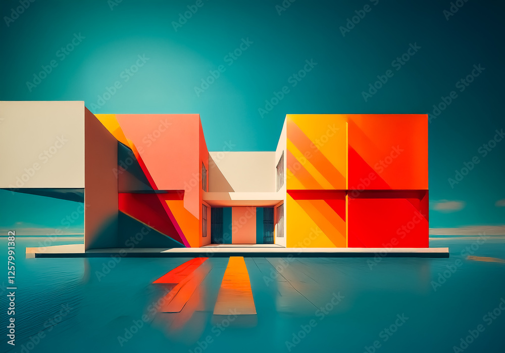 A vibrant modern building with geometric shapes stands against a teal backdrop, mirrored on a reflective surface. The minimalist architecture features bold orange, red, and pink color blocks. A vibrant modern building with geometric shapes stands against a teal backdrop, mirrored on a reflective surface. The minimalist architecture features bold orange, red, and pink color blocks.
