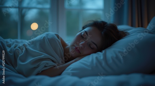 Calm night time sleep of a woman in cozy bedroom setting with soft lighting