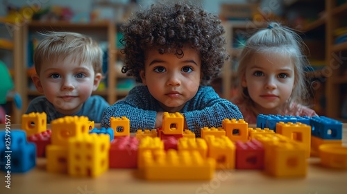 Two little boys and a girl play with educational toys at a table, their engagement and learning highlighted in a kindergarten setting.