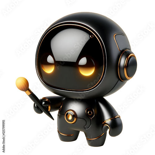 Cute 3D Black Robot AI with Golden Eyes and Side View isolated on white background