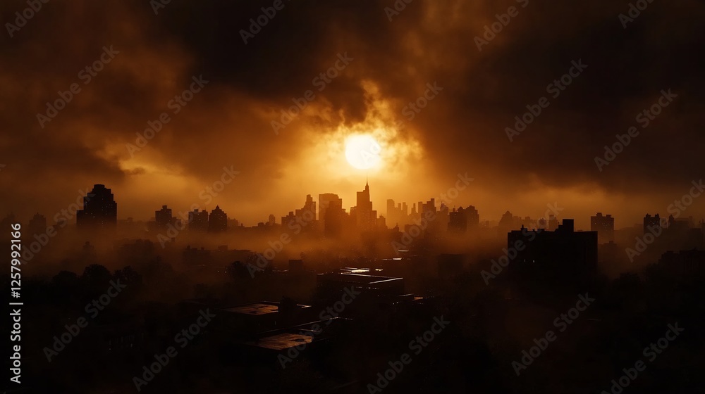 City Silhouette at Sunrise Through a Hazy Atmosphere City Silhouette at Sunrise Through a Hazy Atmosphere