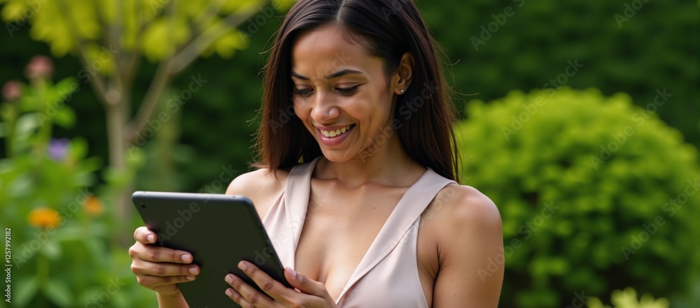 Fototapeta premium A digitally illustrated portrait depicts an African American woman working in a garden with a digital tablet