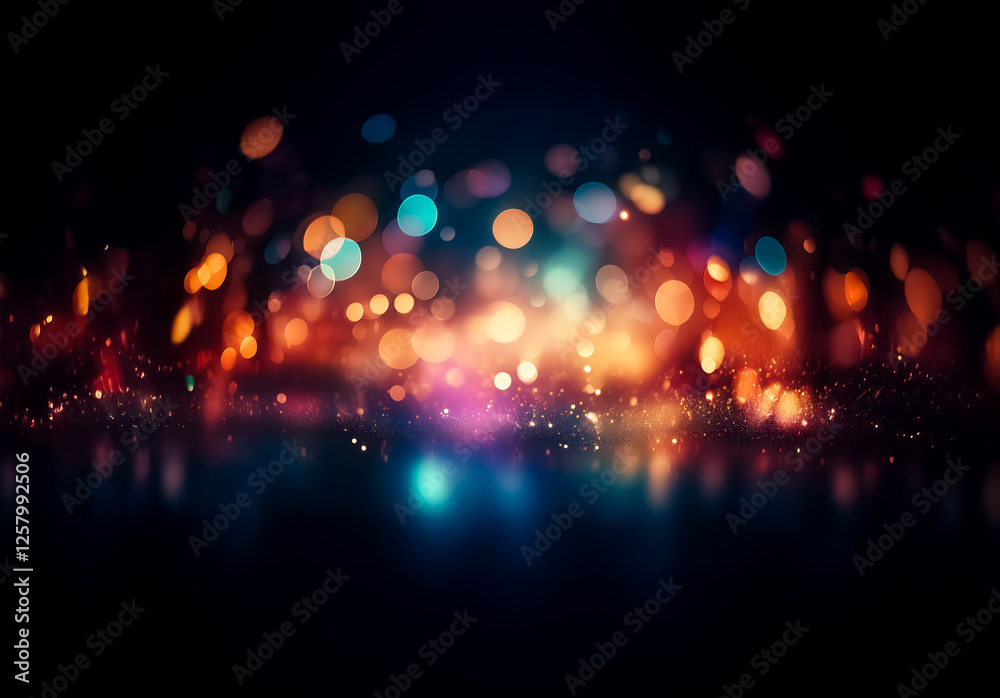 Fototapeta premium Abstract bokeh lights create a vibrant and festive atmosphere. Blurred colorful orbs glow against a dark backdrop, evoking a sense of celebration and magic.