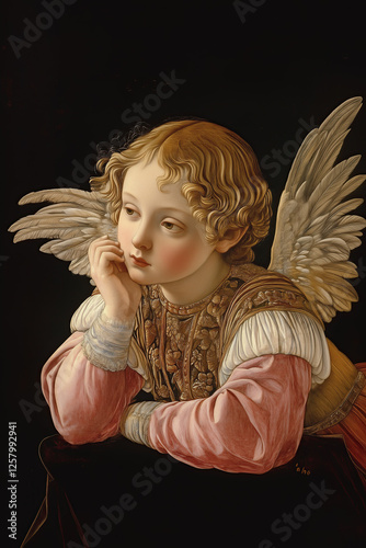 A contemplative angel with delicate white wings leans on his hand, dressed in luxurious Renaissance-style garments, exuding tranquility, mystery, and divine elegance photo