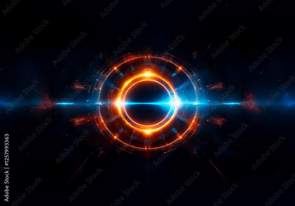 Obraz premium A vibrant circular design radiates energy with glowing orange and blue rings against a dark backdrop, evoking futuristic technology and cosmic elements.
