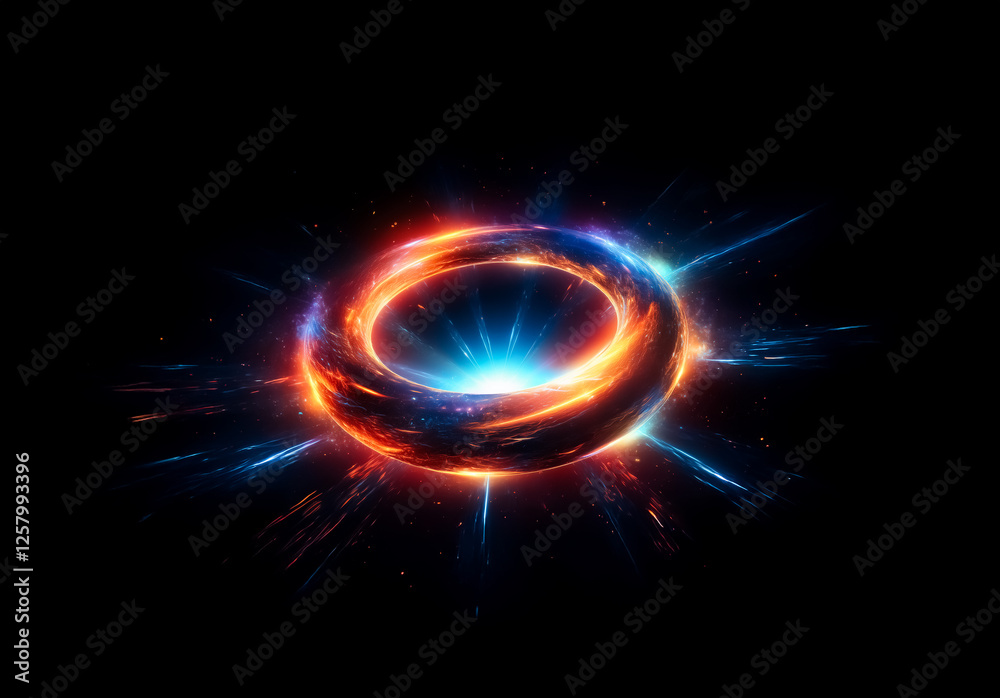 Fototapeta premium Vibrant ring of glowing red and blue energy on a black backdrop. Abstract, futuristic, and dynamic light effect with a cosmic and plasma-like feel.