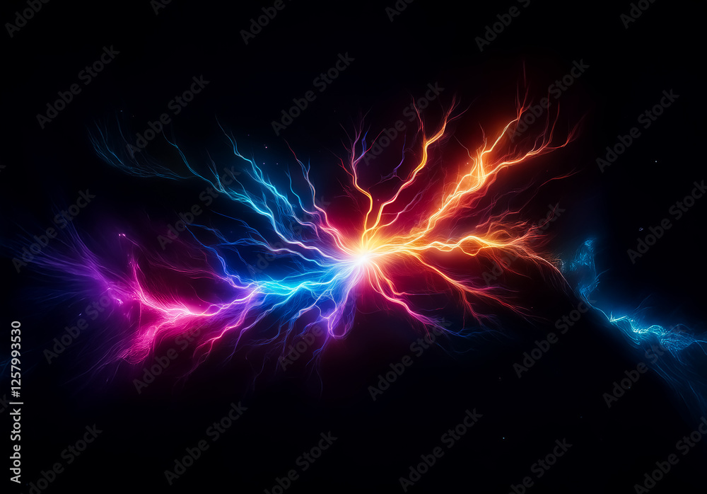 Fototapeta premium Vibrant, colorful lightning bolts strike out against a stark black background, showcasing an energetic display of blue, cyan, purple, pink, orange, and yellow hues emanating from a central point.