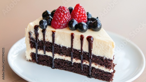 Slice of chocolate cake with berries, on plate, light beige background. Possible use Dessert photography photo