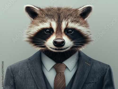 Close-up of an anthropomorphic raccoon in a classic suit, showcasing charisma and versatility for creative industries and entertainment. Detailed view of suit and raccoon.