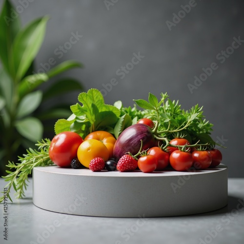 Colorful produce displays on a vegetable-laden podium to celebrate World Vegan Days focus on plant-based living photo