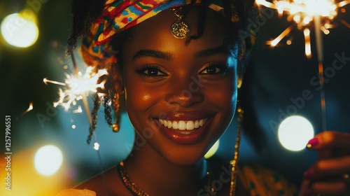 Cheerful young woman holding single sparkler in hand outdoor. Detail of african girl celebrating new yearâs eve with bengal light. Closeup of beautiful woman holding a sparkling stick at party nigh photo