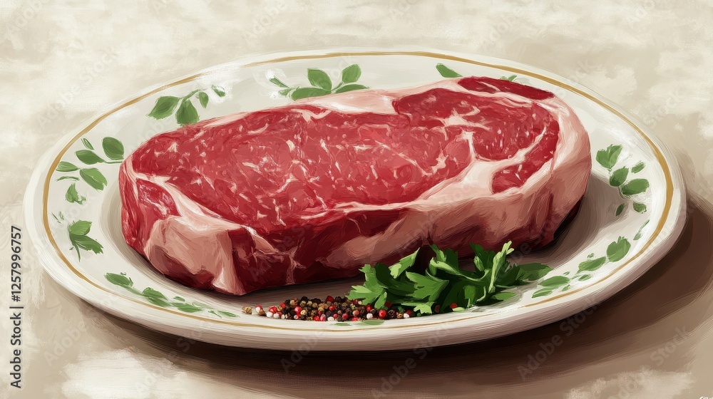 marinated beef steak on a plate with spices, ready for cooking marinated beef steak on a plate with spices, ready for cooking