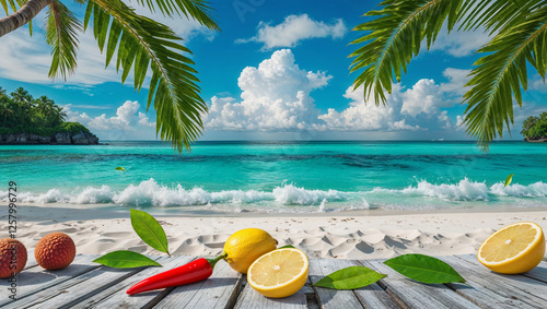 Tropical beach picnic with exotic fruits on white sand turquoise ocean and palm trees under a blue sky creating a perfect summer vacation holiday paradise getaway photo