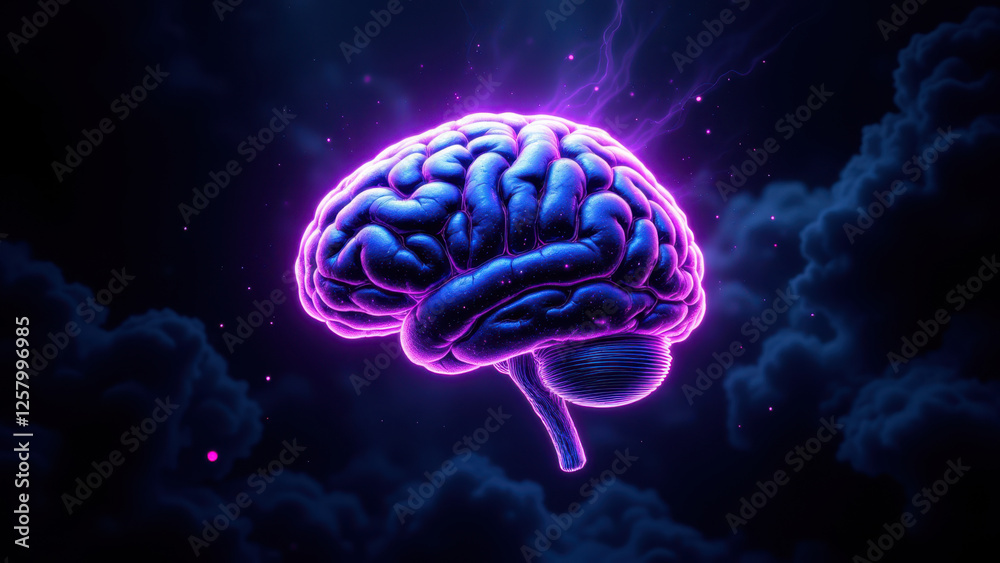 Fototapeta premium A vivid representation of artificial intelligence with a glowing purple-blue human brain at its center against a starry sky.