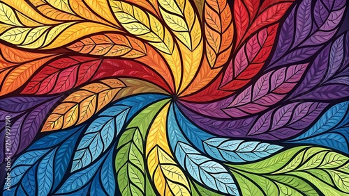 Rainbow Leaf Mandala: A vibrant and colorful mandala design featuring intricate leaf patterns in a spectrum of rainbow hues, creating a mesmerizing and artistic visual.