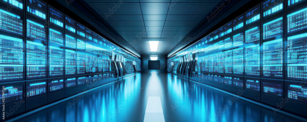 Futuristic data center with glowing servers in a sleek hallway. Futuristic data center with glowing servers in a sleek hallway.