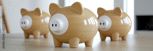 Elegant Row of golden piggy banks representing different savings products each labeled for specific goals like retirement education and travel  photo