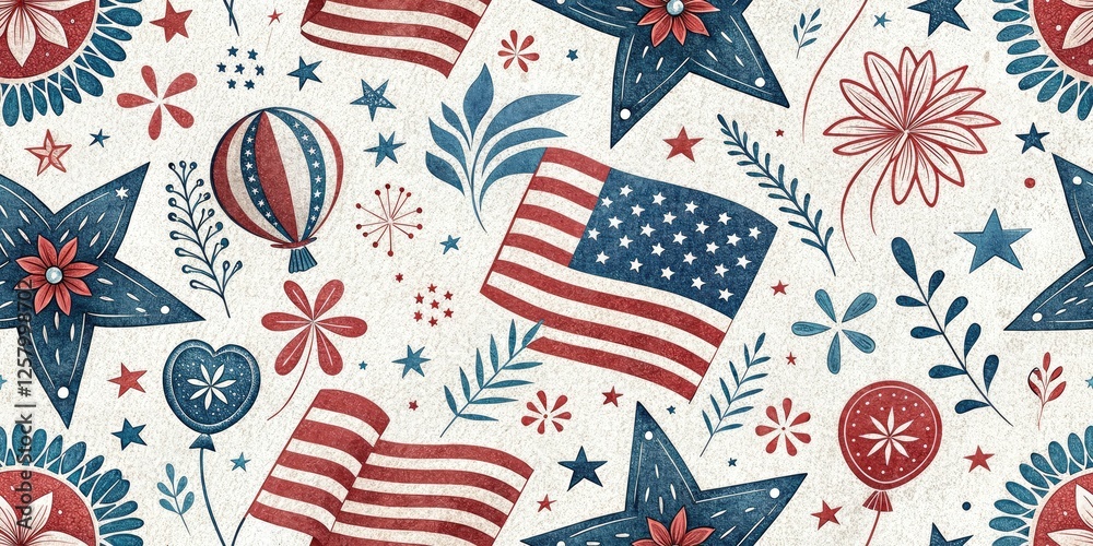Obraz premium Vintage Memorial Day Red White Blue Hand Drawn Pattern - Patriotic American Holiday Background