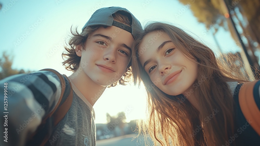 two teenagers taking a selfie outdoors, casual and professional attire, natural conversation, realistic details, well-lit environment, engaging expressions, dynamic composition, photo, daylight. two teenagers taking a selfie outdoors, casual and professional attire, natural conversation, realistic details, well-lit environment, engaging expressions, dynamic composition, photo, daylight.