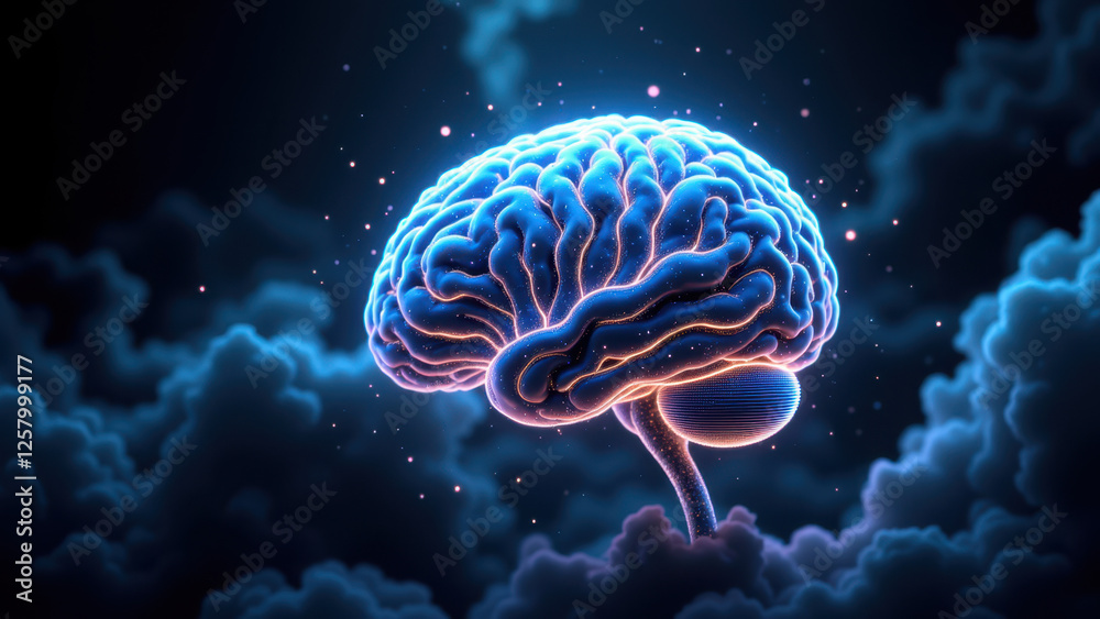 Fototapeta premium An artistic representation of an AI-enhanced human brain set against a cosmic background with clouds.