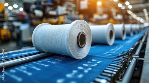 Spools of white thread on a conveyor belt in a textile factory, showcasing production in full swing