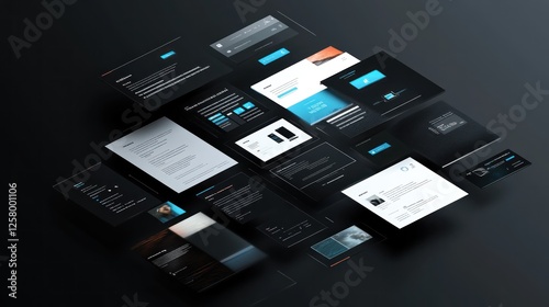 Website design elements, dark theme, floating, tech background, for marketing photo