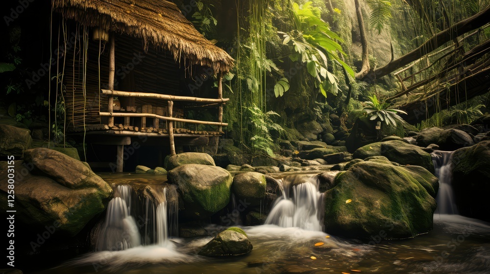 Fototapeta premium waterfall bamboo hut