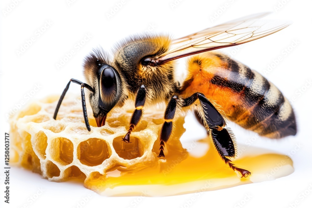 Close-up view of a bee collecting nectar from honeycomb Close-up view of a bee collecting nectar from honeycomb