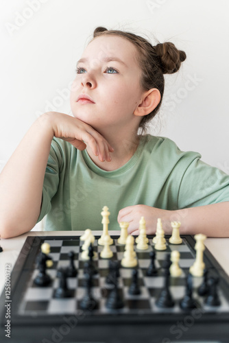 Little girl playing chess. The girl thinks about what the next move will be. Selected Focus