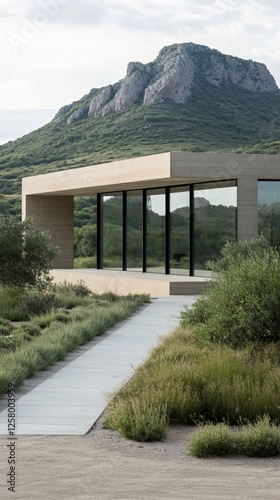 Elegant Modern fireproof villa with reflective steel roofing and heat resistant walls surrounded by a drought tolerant zen garden elegant safety 