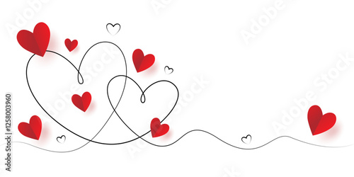 One line hearts and paper 3d valentines on white background. Valentine's day, wedding, romance and feelings. Banner or postcard with copy space. Vector illustration.