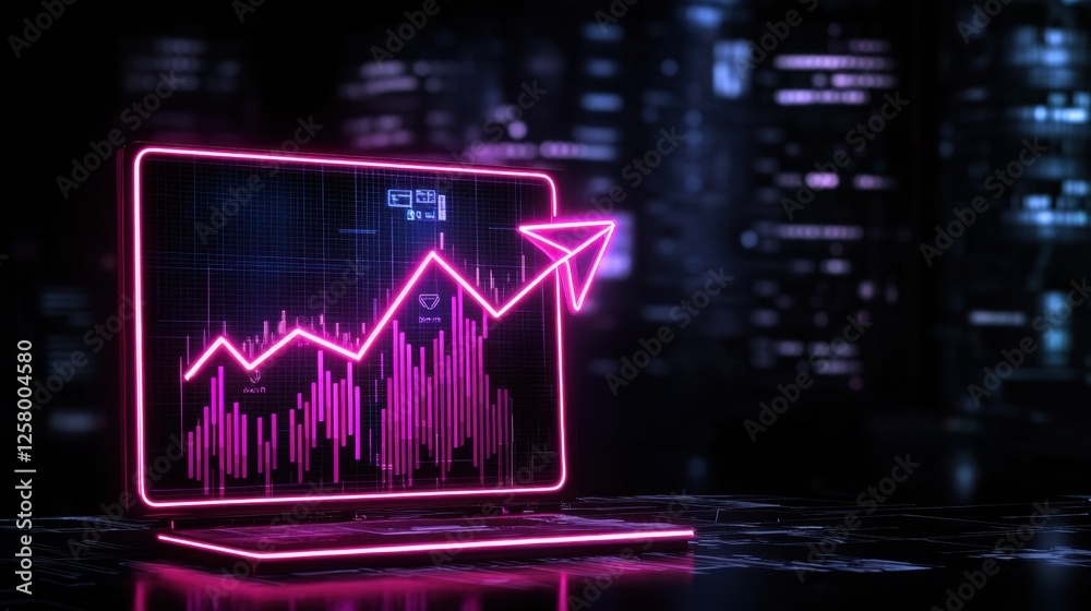 Naklejka premium Neon Graph on Laptop Display Indicates Market Growth and Progress