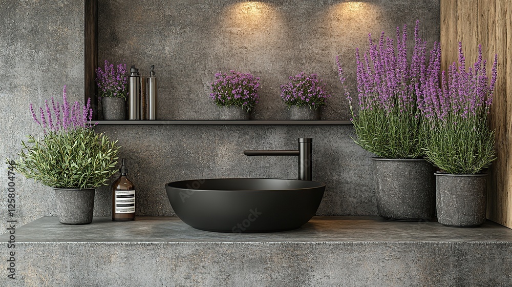 Modern bathroom sink, lavender plants, concrete wall, relaxing spa Modern bathroom sink, lavender plants, concrete wall, relaxing spa
