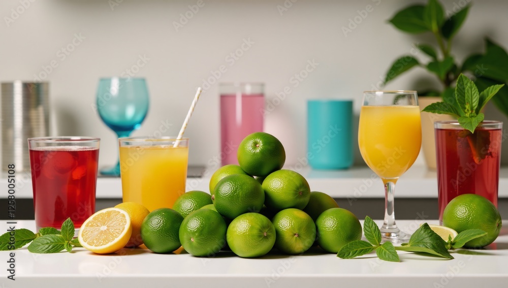 Vibrant drink ingredients elegantly displayed on a colorful and chic countertop in colorful glassware featuring fruits herbs limes and other garnishes for stylish cocktails