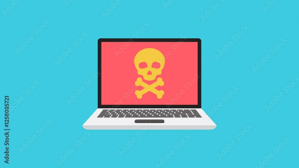 Laptop screen with a skull and crossbones symbol. Suitable for digital security, cyber threats, computer viruses concepts in design projects. Laptop screen with a skull and crossbones symbol. Suitable for digital security, cyber threats, computer viruses concepts in design projects.