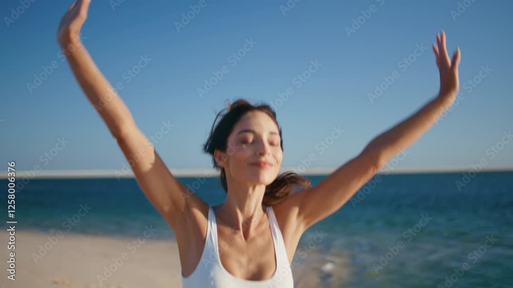 Joyful woman running shoreline enjoying summer vacation on resort closeup Joyful woman running shoreline enjoying summer vacation on resort closeup