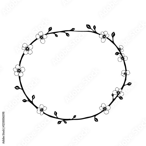 Delicately crafted oval frame composed of delicate white flowers and green leaves, on a white background.