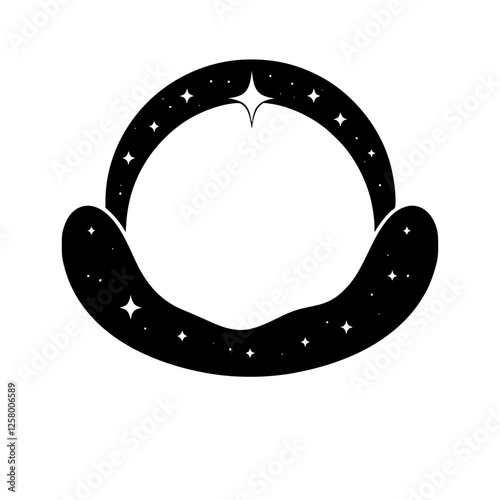 Celestial Embrace: A stark black and white illustration of a curved frame, with small stars in the sky. A crescent moon shape embraces a white void.