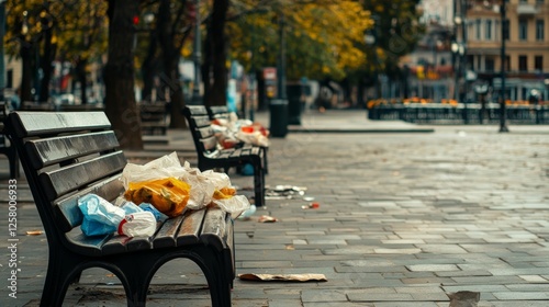 Public Bench Littered with Trash - Urban Pollution