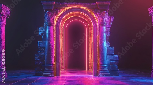 Holographic led laser door framed by abstract neon shapes, creating an entrancing entrance to a virtual realm.