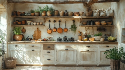 Wallpaper Mural Rustic kitchen interior with wooden shelves filled with pots and herbs, showcasing a warm cooking atmosphere Torontodigital.ca