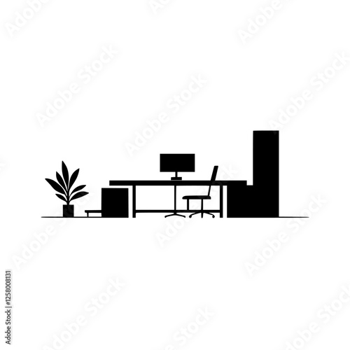 Minimalist office scene: Desk, plant, chair, and computer, in black and white. Simplified, silhouetted office.