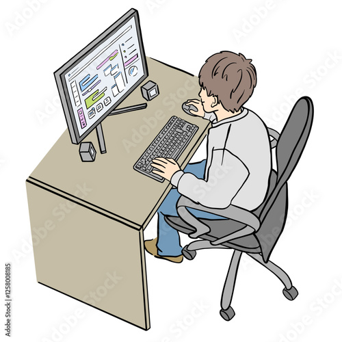 パソコンで作業をしている男性　イラスト