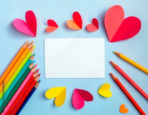 Tarjeta Felicitacion, en forma de marco con Corazones realizados en papel, lapices de colores, Concepto amor photo