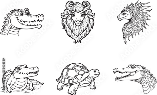set of animals head line art vector