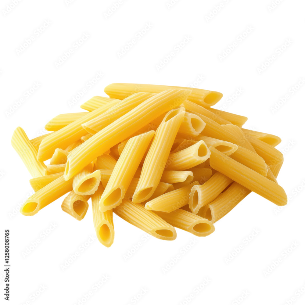 Pile of golden-yellow ziti pasta, smooth tube-shaped with straight-cut edges, isolated on a white background. Pile of golden-yellow ziti pasta, smooth tube-shaped with straight-cut edges, isolated on a white background.